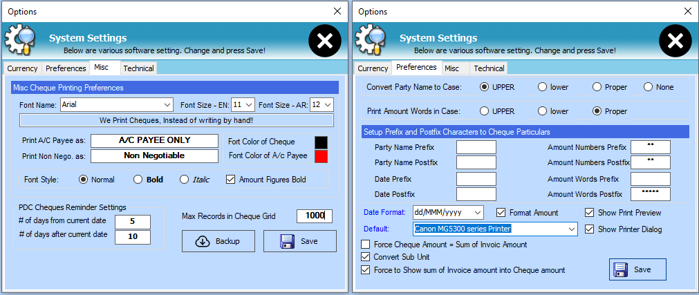 configure cheque printing settings