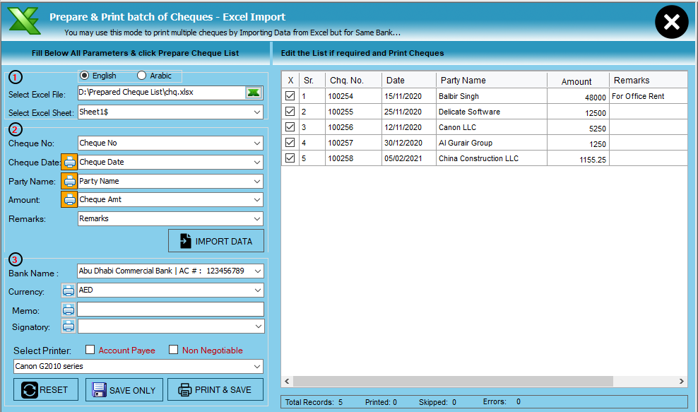 print cheques from excel file